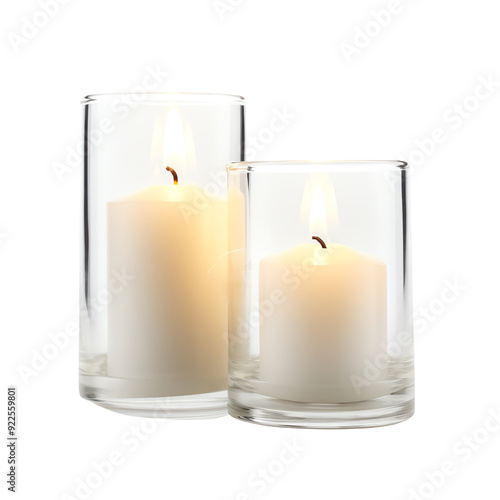 Two elegant white candles in clear glass holders, providing a warm, serene ambiance. Perfect for home decor, parties, or relaxation.