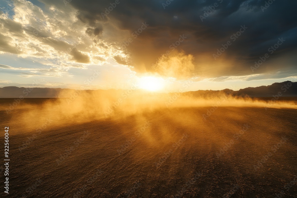 A towering dust cloud lifts from the desert floor as the sun sets, casting warm hues across the vast landscape of EEKl, revealing nature's raw beauty A towering dust cloud lifts from the desert floor as the sun sets, casting warm hues across the vast landscape of EEKl, revealing nature's raw beauty