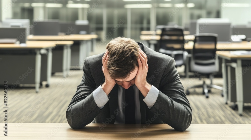 A young European man in a suit sitting with his head in his hands at a desk in a dimly lit, empty office, suggesting deep frustration or despair. The image portrays feelings of loneliness, stress, and A young European man in a suit sitting with his head in his hands at a desk in a dimly lit, empty office, suggesting deep frustration or despair. The image portrays feelings of loneliness, stress, and