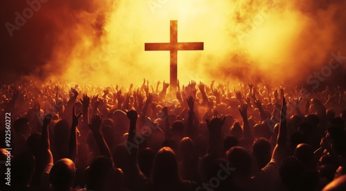 A large crowd of people raising their hands in worship before a glowing cross, surrounded by an ethereal orange mist. The image evokes a powerful sense of spirituality, unity, and devotion, with the w