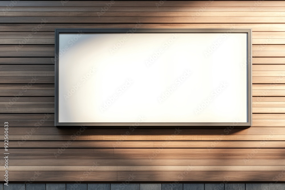 A blank billboard mockup rests on a wooden wall, featuring a sleek metal frame, ready for custom graphics or advertisements A blank billboard mockup rests on a wooden wall, featuring a sleek metal frame, ready for custom graphics or advertisements