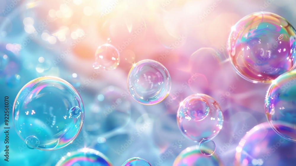 Design a playful image of soap bubbles rising into a bright sky. Capture the delicate colors and reflections on the bubbles' surfaces, ensuring each bubble looks unique. Design a playful image of soap bubbles rising into a bright sky. Capture the delicate colors and reflections on the bubbles' surfaces, ensuring each bubble looks unique.