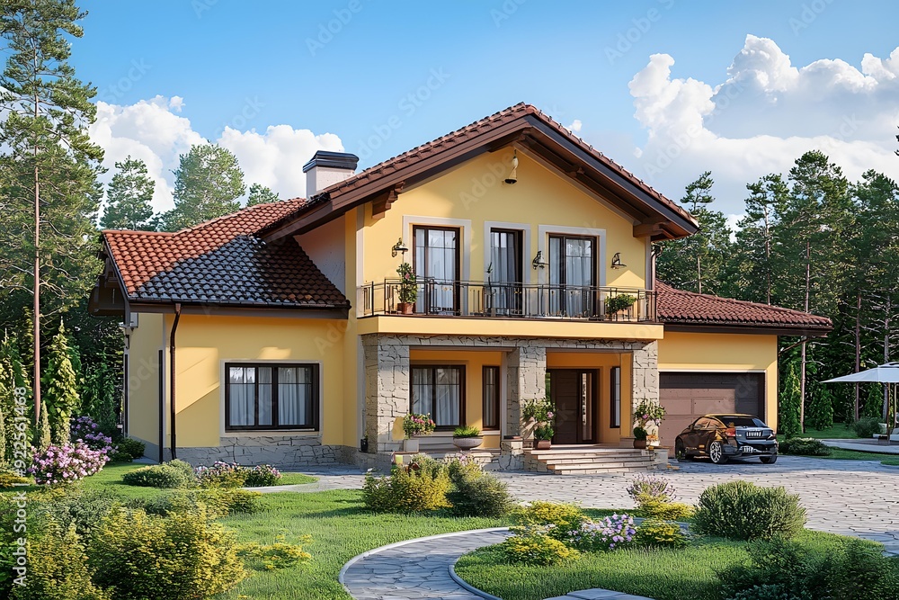 Yellow House with Red Roof and Balcony Yellow House with Red Roof and Balcony