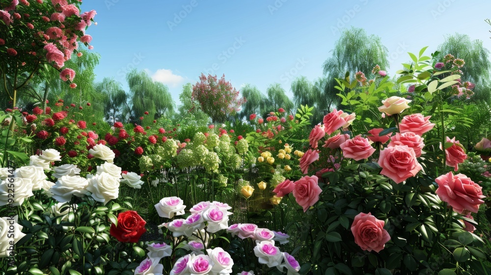 Design a serene garden scene filled with roses of various colors. Include red, pink, white, and yellow roses Design a serene garden scene filled with roses of various colors. Include red, pink, white, and yellow roses