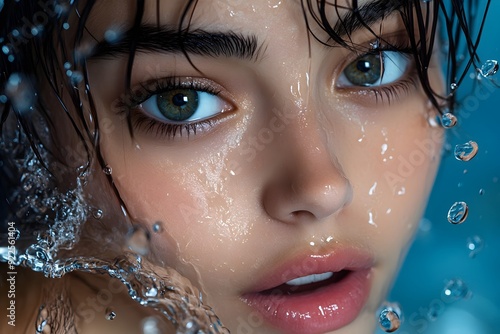 Close-up of a woman with wet hair and eyes. photo