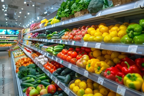 Vibrant grocery store aisle with an array of fresh produce and wholesome foods