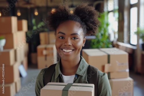 Happy young black female Handling shipping and logistics in startup company office photo