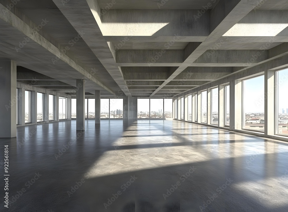 Empty Concrete Office Space With Large Windows Empty Concrete Office Space With Large Windows