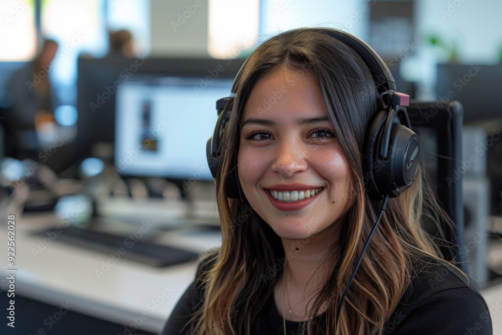 Portrait of a smiling young Hispanic female IT support worker in startup company office Portrait of a smiling young Hispanic female IT support worker in startup company office