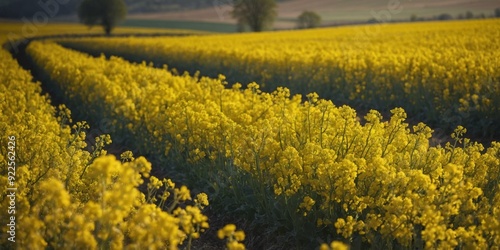 Vibrant yellow rapeseed field with distinctive lines. photo