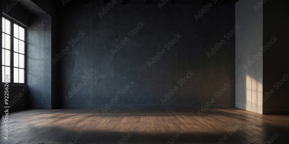 Minimalistic empty room with large window casting light on dark closed door and wooden floor, creating stark contrast and shadow play, empty wall. Minimalistic empty room with large window casting light on dark closed door and wooden floor, creating stark contrast and shadow play, empty wall.