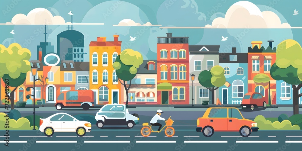 Naklejka premium Cartoon City Street Illustration With Cars And Cyclist