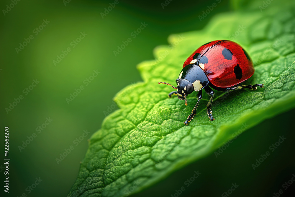 Naklejka premium A ladybug sitting on a green leaf.
