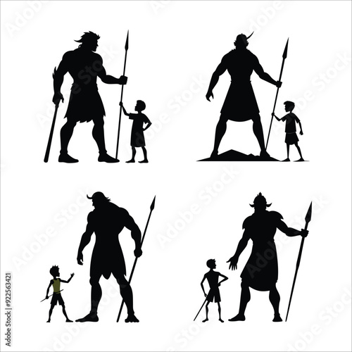 "Silhouette of Young David Facing Giant Goliath with Sling and Spear, Emphasizing Dramatic Size Difference and Tension on White Background"