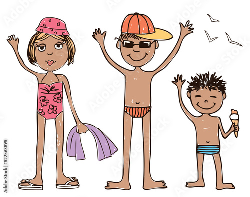 Family cheerful cartoon people sunbating on beach on summer holiday, vector outline illustration isolated on