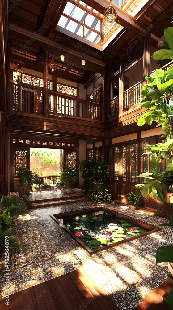 Fototapeta premium Traditional Chinese Courtyard with Wooden Structure and Skylight