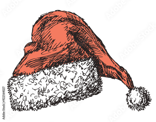 Santa Claus hat, christmas accessory, red, white fur,vector hand drawn illustration isolated on white