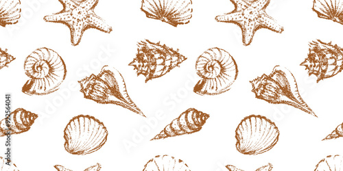 Seamless pattern of seashells various textured sketches, vector hand drawn background isolated on white, wallpaper, textile, paper