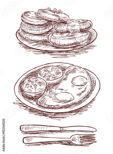 Sketches of fried eggs,  tomatoes; cheesecakes, food for breakfast, plates, knife and fork, hand drawn vector illustration isolated on white