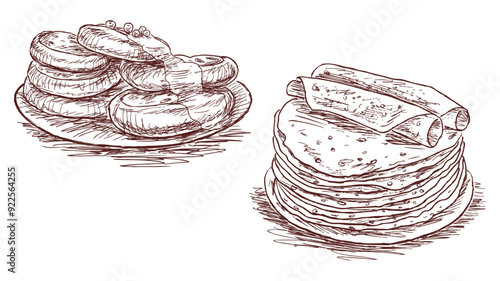 Sketches of pancake, cheesecakes, jam, dessert, sweet, food for breakfast, plates, knife and fork, hand drawn vector illustration isolated on white