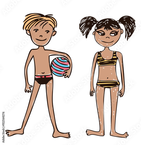 Two cheerful cartoon teens children sunbating on beach on summer holiday, vector outline illustration isolated on white