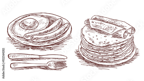 Sketches of fried eggs, sausages, pancakes, food for breakfast, plates, knife and fork, hand drawn vector illustration isolated on white
