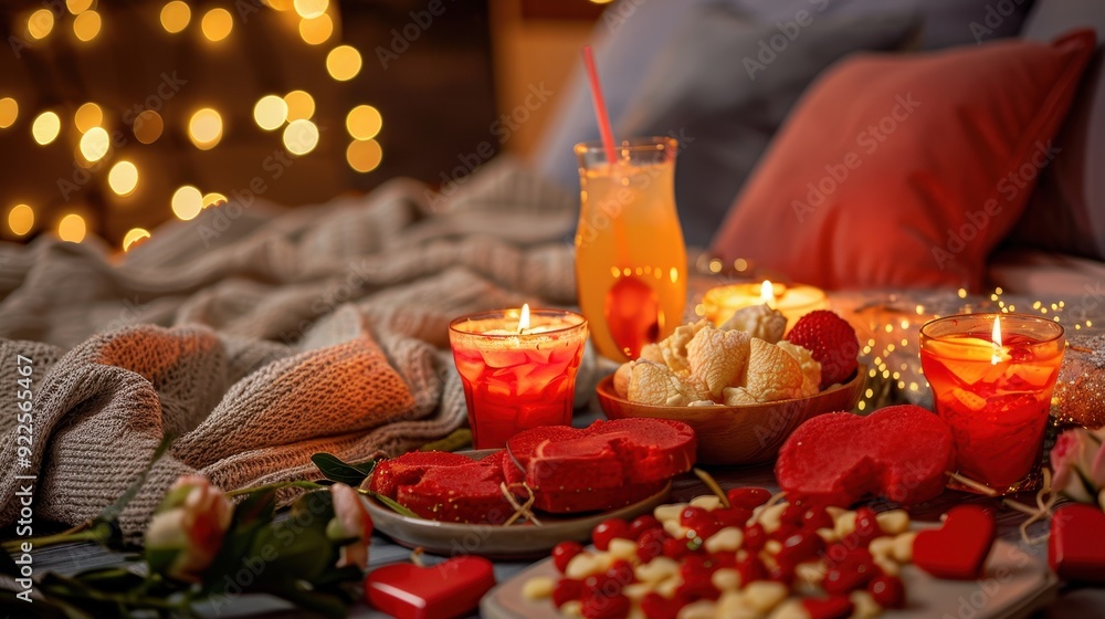 A warm and inviting setup features delicious treats, candles, and drinks, perfect for a romantic holiday celebration