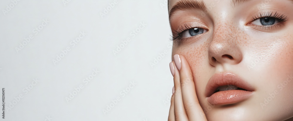 A close-up of a young woman with flawless skin, French manicured nails, posing for a cosmetic ad against a white background. Banner wallpaper with copyspace A close-up of a young woman with flawless skin, French manicured nails, posing for a cosmetic ad against a white background. Banner wallpaper with copyspace