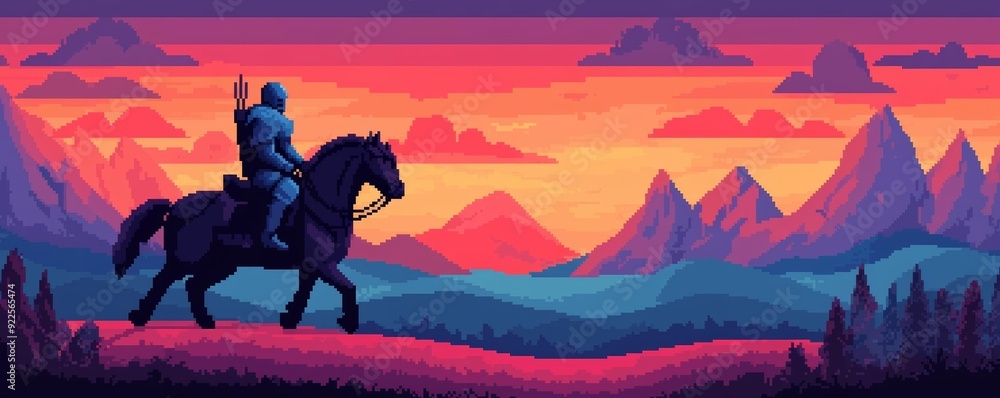Fototapeta premium A pixel art knight on a quest riding through a colorful fantasy landscape