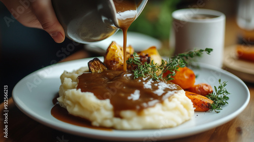 a hand pouring rich gravy over a plate of mashed potatoes, with roasted vegetables on the side