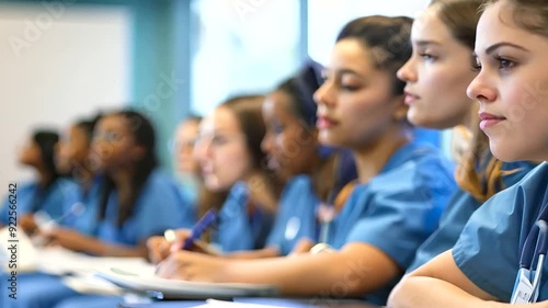 Student nurses attentively listening to an instructor, taking notes during a clinical skills training session at their college photo