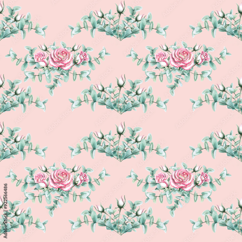 Seamless pattern with bouquets of roses and eucalyptus on a nude background. Watercolor illustration on the theme of flowers for printing on fabric, packaging, for holidays, weddings Seamless pattern with bouquets of roses and eucalyptus on a nude background. Watercolor illustration on the theme of flowers for printing on fabric, packaging, for holidays, weddings
