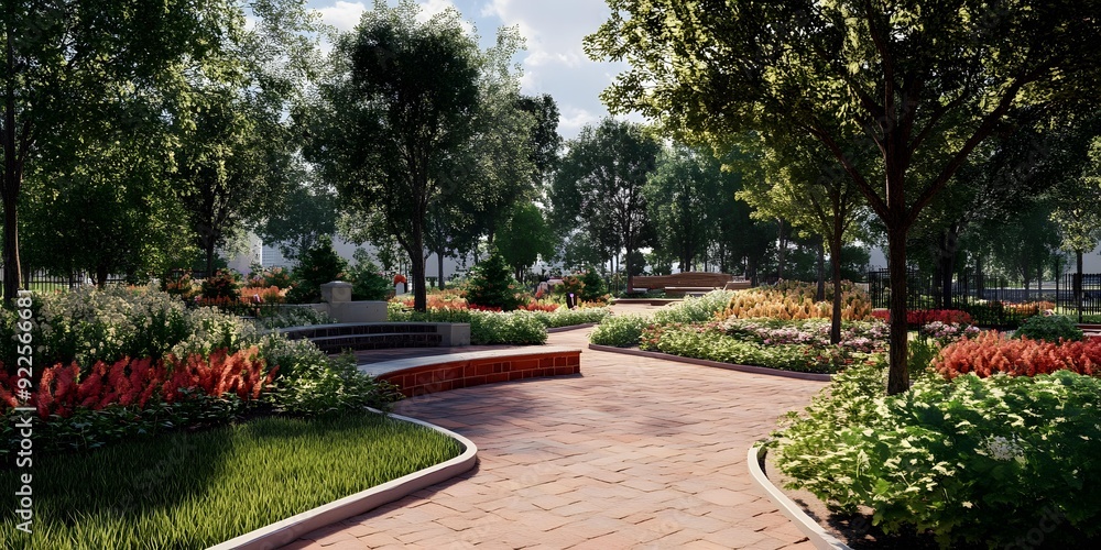 Fototapeta premium Landscaped Park with Brick Pathway and Flower Beds