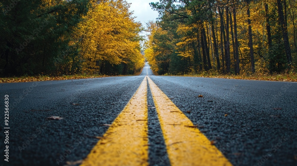 Obraz premium A quiet road with trees on each side and a yellow line down the middle, offering a tranquil and inviting journey.