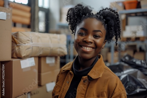 Happy young black female Handling shipping and logistics in startup company office photo