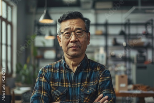 Portrait of a middle aged Asian man in startup company office