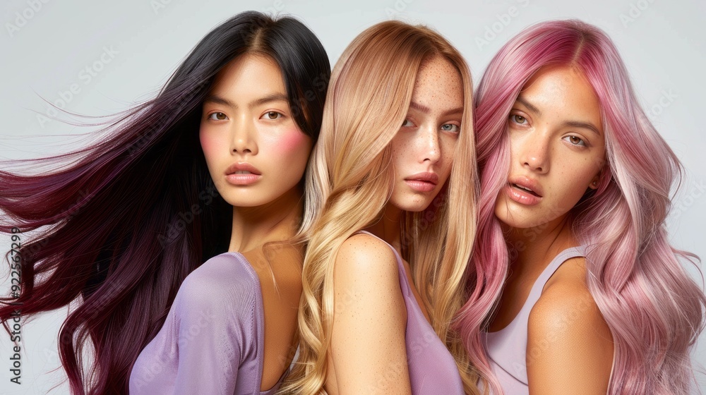 Fototapeta premium Three women with long hair, one with blonde, one with dark, and one with pink hues, pose elegantly, creating a striking display of beauty and individuality
