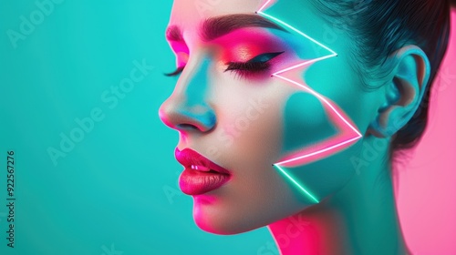 A futuristic neon makeup concept, featuring geometric patterns and vibrant colors that glow under UV light, creating a mesmerizing and high-tech appearance for editorial and artistic uses.