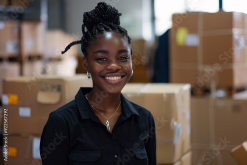 Happy young black female Handling shipping and logistics in startup company office photo