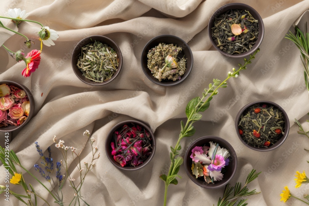 Fototapeta premium Different types of tea leaves and flowers in blanket