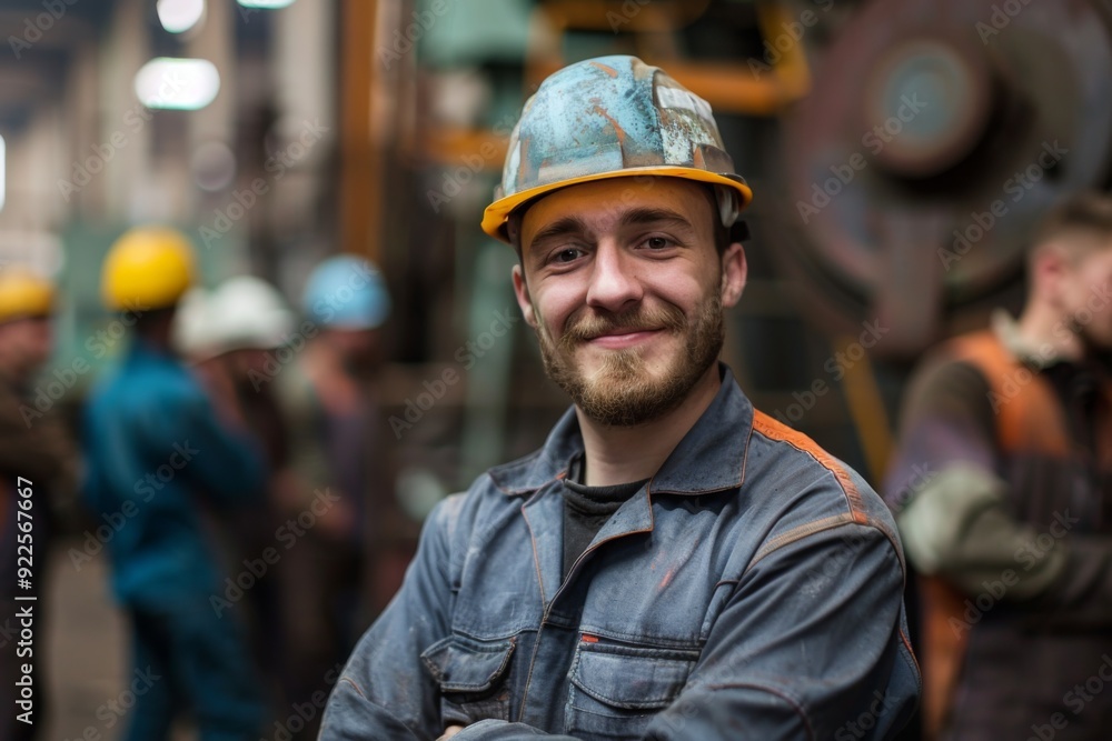 Portrait of a smiling factory worker in a group of coworkers Portrait of a smiling factory worker in a group of coworkers