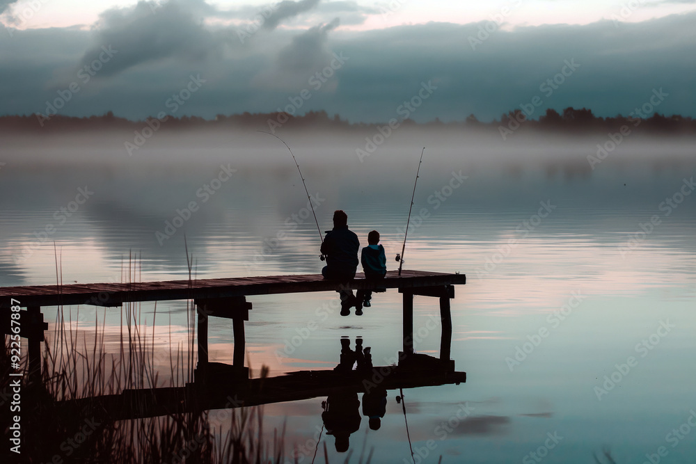 Father and son on a dock, casting fishing rods together, with the evening sky reflected in the water. Father and son on a dock, casting fishing rods together, with the evening sky reflected in the water.