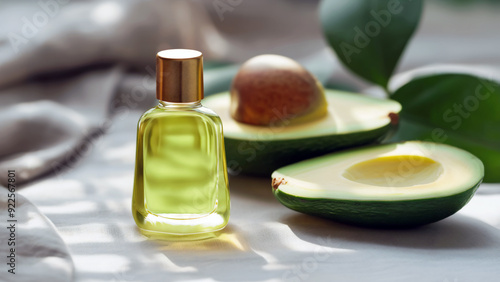 Bottle of avocado oil with fresh cut avocados. Natural ingredient for culinary, cosmetic, and medicinal uses. Showcasing versatility of nutrient-rich superfood in beauty and wellness applications