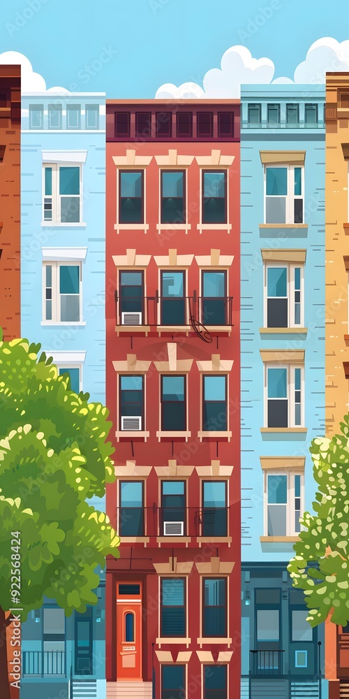 Colorful Row of Apartment Buildings in City Colorful Row of Apartment Buildings in City