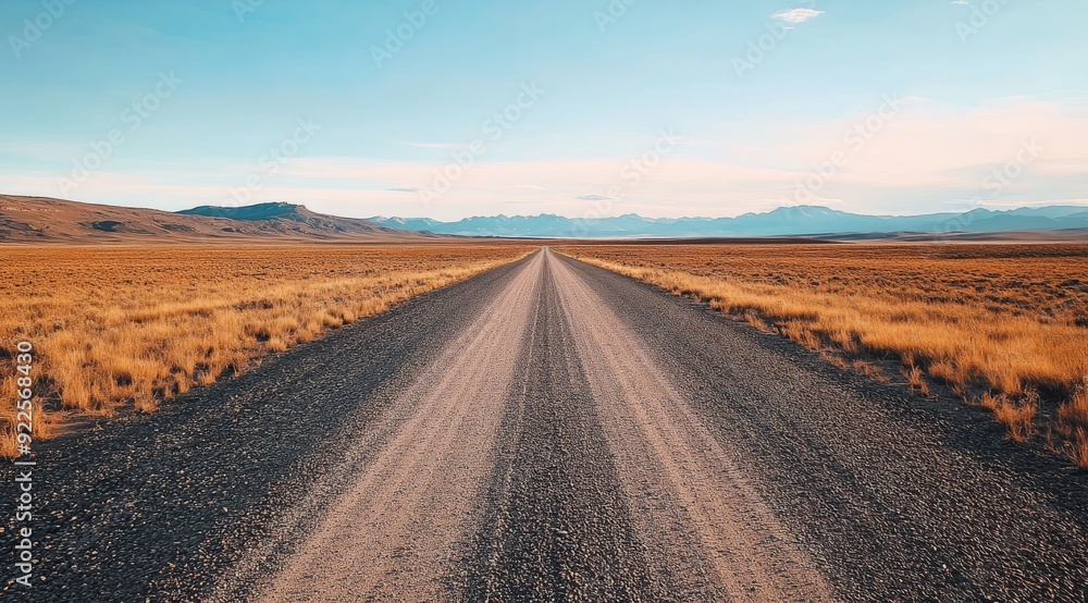 Naklejka premium A long and deserted gravel road stretches endlessly into the horizon, surrounded by a vast, arid landscape bathed in warm sunlight, all under a clear blue sky that is completely devoid of any clouds