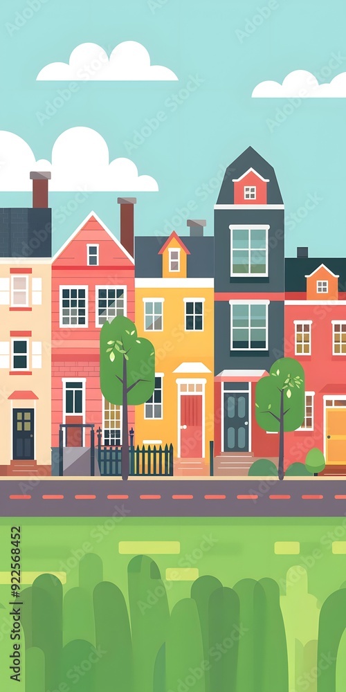Fototapeta premium Colorful Houses in a Row on a Green Lawn