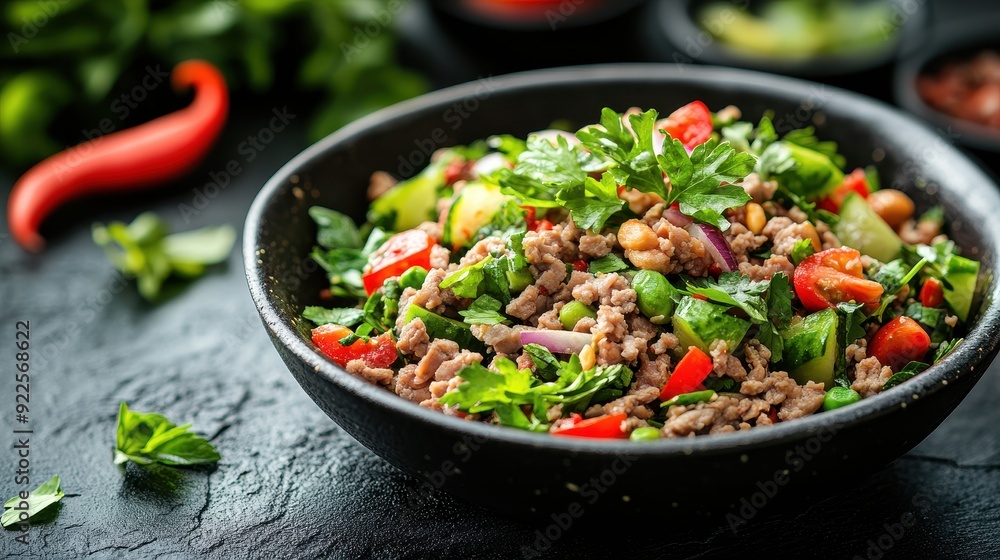 A vibrant bowl of fresh herb salad with minced meat, vegetables, and chili, perfect for healthy meal inspiration. A vibrant bowl of fresh herb salad with minced meat, vegetables, and chili, perfect for healthy meal inspiration.