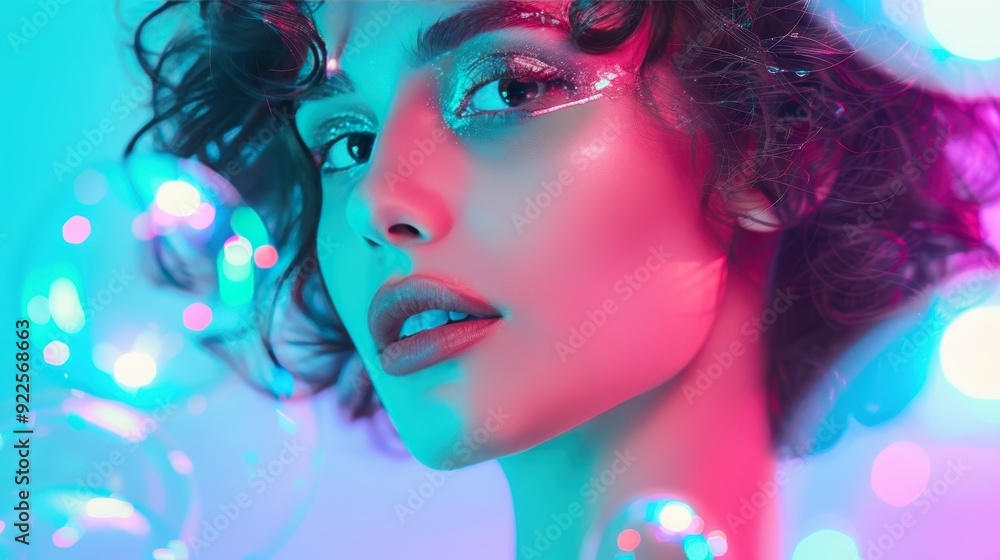 Portrait of a young woman bathed in neon light, her features highlighted by the vibrant hues surrounding her. Portrait of a young woman bathed in neon light, her features highlighted by the vibrant hues surrounding her.