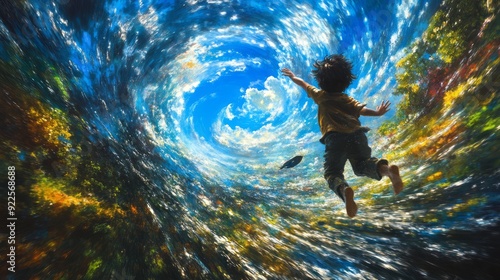 Wallpaper Mural A child leaps joyfully into a vibrant swirling vortex of color under a bright blue sky with fluffy clouds Torontodigital.ca
