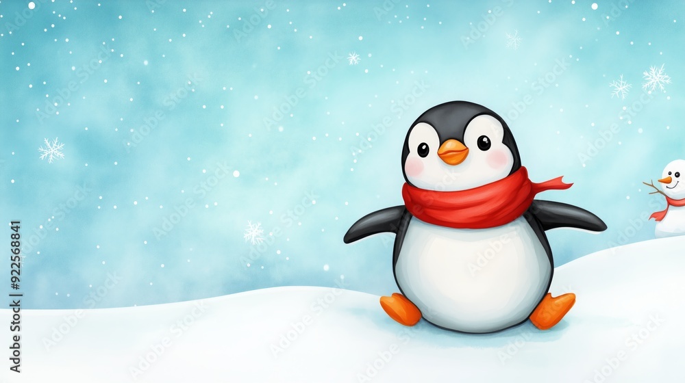 Fototapeta premium watercolor painting of a cartoon penguin wearing a red scarf and sliding on its belly across a snowy landscape.